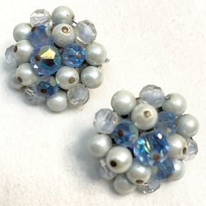 Vintage Earrings Snowflake Blue Clear Beads And Faux Pearl Cluster Clip Ons